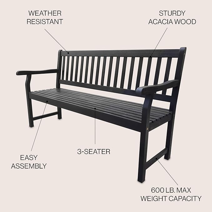 JONATHAN Y BNH101C Laurel 59.1" 3-Seat Slat-Back 600-Lbs Support Acacia Wood Outdoor Garden Patio Bench for Garden, Lawn, Backyard, Pool, Deck, Beach, Firepit, Black