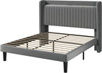 Allewie Full Size Platform Bed Frame with USB Charging Station and Storage Shelf/Upholstered Velvet Wingback Headboard/Wooden Slats Support/No Box Spring Needed/Easy Assembly, Grey