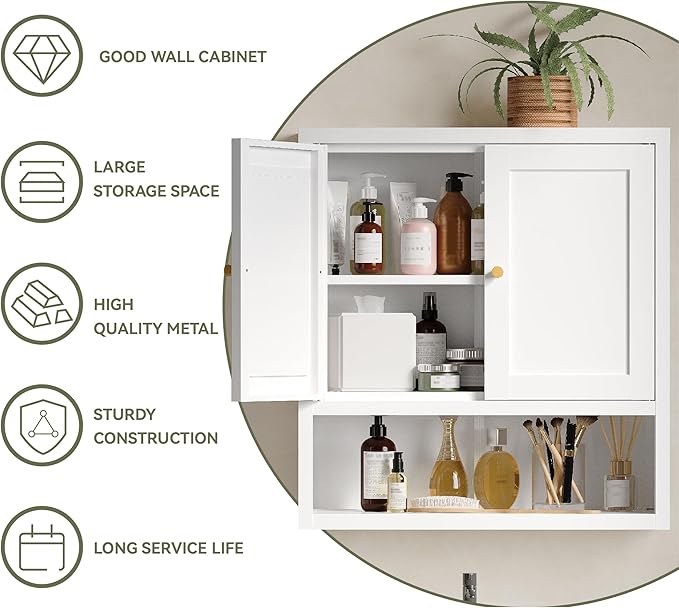 Metal Bathroom Storage Cabinet, Metal Storage Cabinet with 2 Adjustable Shelves & 2 Doors,Freestanding Sideboard for Small Spaces (White, Wall Cabinet-22.59" H)