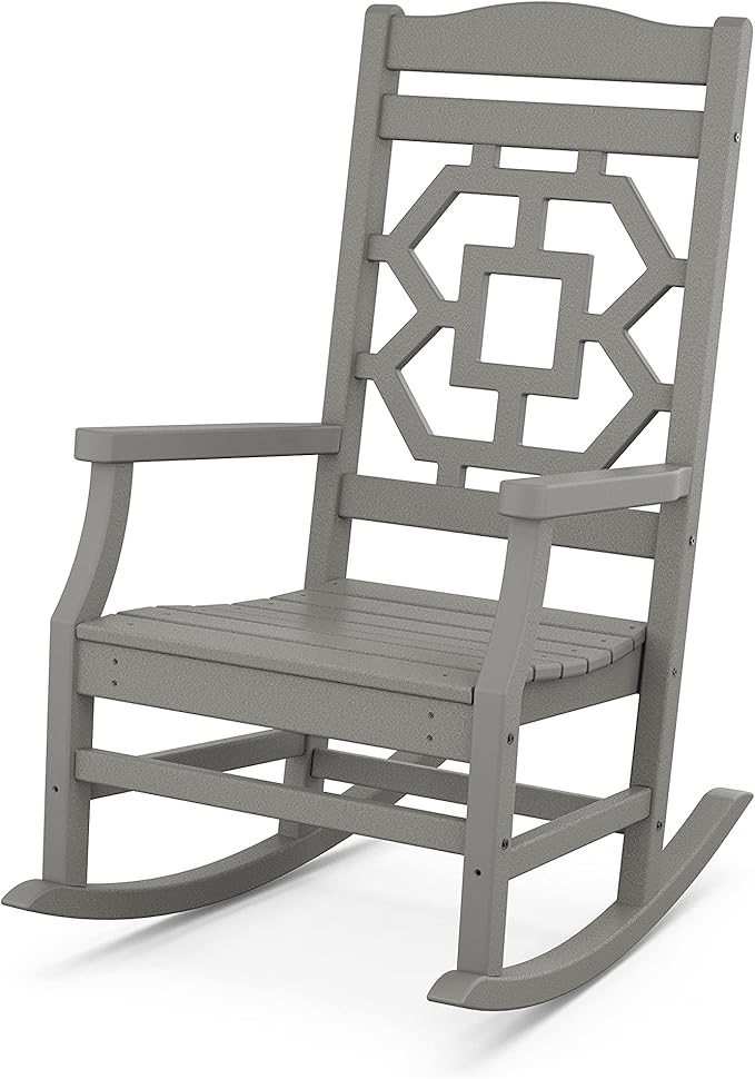 Martha Stewart by POLYWOOD Chinoiserie 3-Piece Outdoor Rocking Chair Set with Patio Side Table, Slate Grey, HDPE All-Weather Furniture, Classic Porch Rockers for Deck, Garden & Backyard, Made in USA