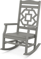 Martha Stewart by POLYWOOD Chinoiserie 3-Piece Outdoor Rocking Chair Set with Patio Side Table, Slate Grey, HDPE All-Weather Furniture, Classic Porch Rockers for Deck, Garden & Backyard, Made in USA