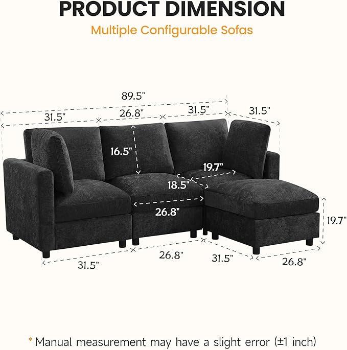 3-Seater Modular Sectional Cloud Sofa with Ottoman, L-Shaped Couch for Living Room, Modern Convertible Deep Seats Sofa, Chenille Dark Grey
