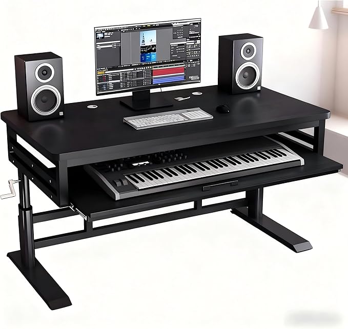 Studio Desk with Keyboard Tray | Hand-Crank Adjustable Standing Desk Workstation for Music Production, Cable Management, MIDI Keyboard Shelf (Black, 62in)