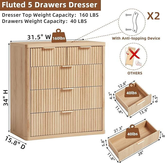 LEYAOYAO Fluted 5 Drawers Dresser for Bedroom Set of 2, 34" Tall Modern Chest of Drawers with Metal Handle, Curved Profile Design,Natural Wood Drawer Organizer for Bedroom, Living Room, Hallway
