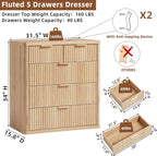 LEYAOYAO Fluted 5 Drawers Dresser for Bedroom, 34" Tall Modern Chest of Drawers with Metal Handle, Curved Profile Design,Natural Wood Drawer Organizer for Bedroom, Living Room, Hallway, Entryway