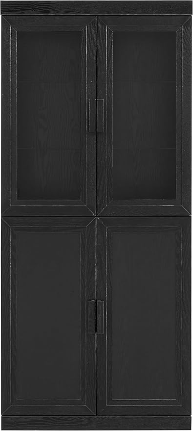 Crosley Furniture Essen Glass Door China Hutch Kitchen Pantry Storage Cabinet with Doors and Shelves, Black