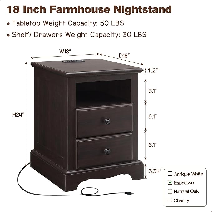 T4TREAM Nightstand with Charging Station, 18 Inch Vintage End Table with 2 Drawers for Living Room, Wood Rustic Sofa Side Table with Open Storage Shelf for Bedroom, Espresso