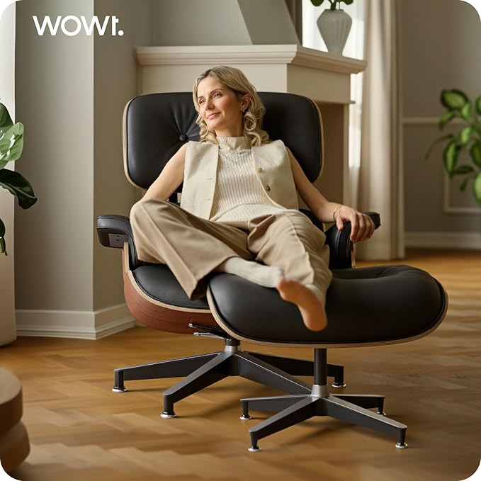 Top Black Grain Leather, Mid Century Chaise Lounge Chair and Ottoman, Modern Chair Classic Design, Palisander Wood, Heavy Duty Base Support for Living Room Office