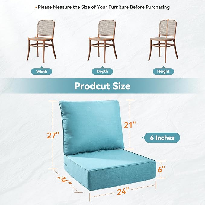 Luxury 6" Outdoor Cushions for Patio Furniture, 24x24x6" Thick Seat Cushion Set of 10, Fade Resistant Couch Chair Replacement Cushions High Density Deep Wicker Chair Cushion w/ Removable Cover, Teal