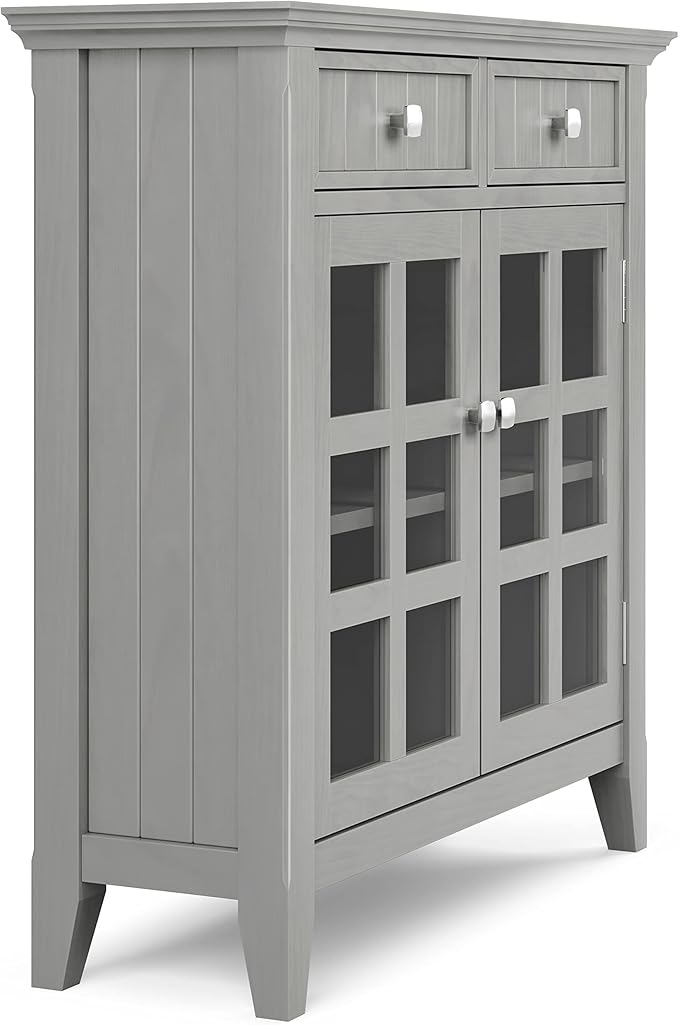 SIMPLIHOME Acadian SOLID WOOD 36 Inch Wide Rustic Entryway Hallway Storage Cabinet in Fog Grey, For the Living Room, Entryway and Family Room