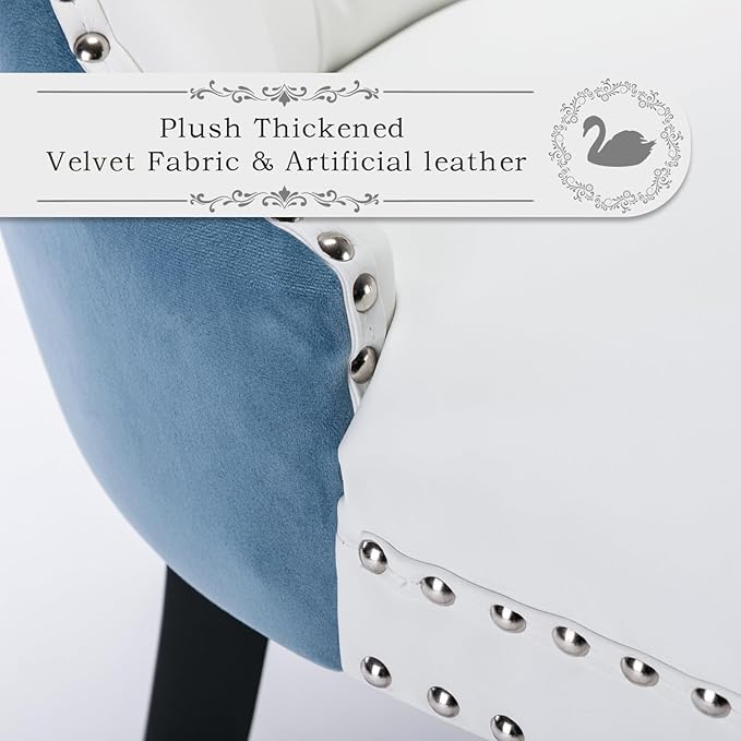 Leather Upholstered Dining Chairs Set of 2, Modern Style Kitchen Side Chairs with Nailhead Trim and Wood Leg, Metal Pulling Ring for Dining Room Living Room(White&Blue,Set of 2)