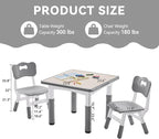 Kids Study Table and Chairs Set, Height Adjustable Toddler Table and Chair Set for Kids Ages 3-8, 23.6" L x 23.6" W Graffiti Desktop Plastic Children Art Table with 2 Seats, W-Grey