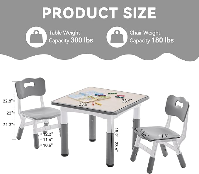 Kids Study Table and Chairs Set, Height Adjustable Toddler Table and Chair Set for Kids Ages 3-8, 23.6" L x 23.6" W Graffiti Desktop Plastic Children Art Table with 2 Seats, W-Grey