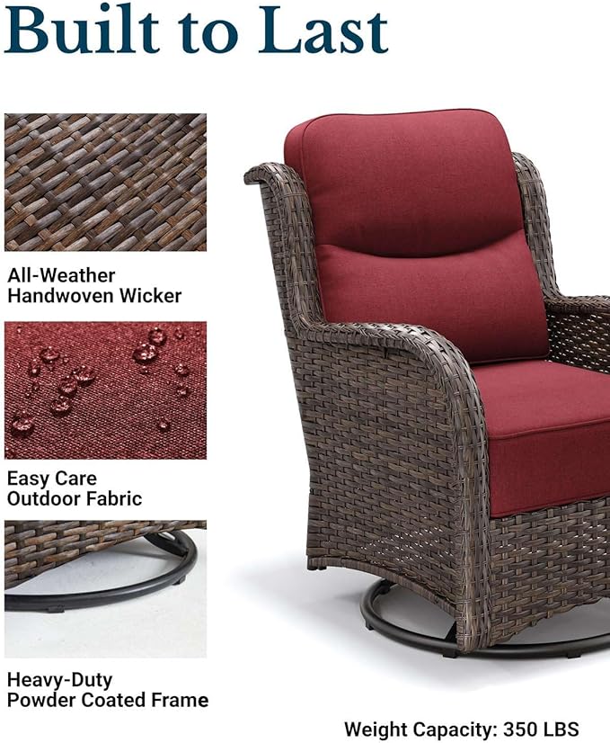 HILLGA Luxury Patio Furniture Set with 6-Inch Thick Cushions, High Back Outdoor Swivel Rocker Chairs and Table, 6-Piece All Weather Conversation Set for Porch Deck Balcony Yard, Burgundy (V3)