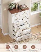 AOGLLATI Farmhouse Dresser with 6 Drawers, 51.2”Tall Wooden Rustic Chest of Drawers with Natural Texture, Vintage Design, Bedroom Dressers with Drawers for Bedroom, Antique White