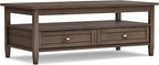 SIMPLIHOME Warm Shaker Coffee Table - 48 inch Wide Solid Wood Cocktail Table in Farmhouse Brown, Transitional Living Room Table with 2 Storage Drawers and Open Shelf for Sitting Area or Lounge