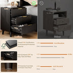 Lulive Wood Nightstand Set of 2 Fluted Dresser for Bedroom 3 Drawers Night Stand with Charging Station, Storage Modern Side Table Black