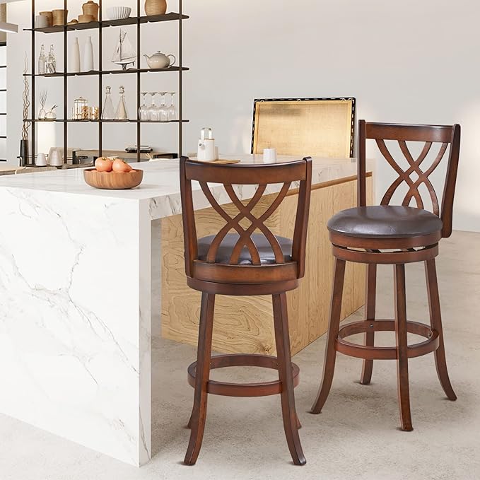 COSTWAY Bar Stools Set of 4, 360° Swivel Chairs with Rubber Wood Frame, 30-Inch PU Leather Cushioned Seat and Footrests, for Kitchen Island, Dining Room, Bar (Brown-30 inches, 4 stools)