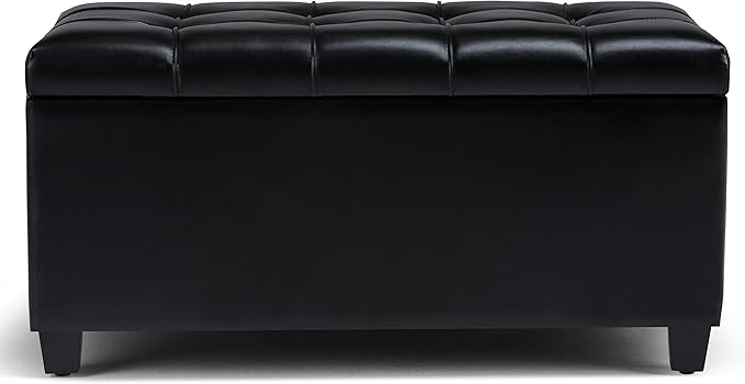 SIMPLIHOME Sienna 33 inch Wide Transitional Rectangle Storage Ottoman Bench in Midnight Black Vegan Faux Leather, Assembled, For the Living Room, Entryway and Family Room