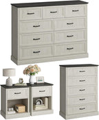CARPETNAL Farmhouse Dresser and Nightstand Sets for Bedroom, 4 Pcs Bedroom Set, 5 Drawer & 9 Drawer Dresser and Nightstand Set of 2, Wood Chest of Drawers for Living Room, Entryway, White