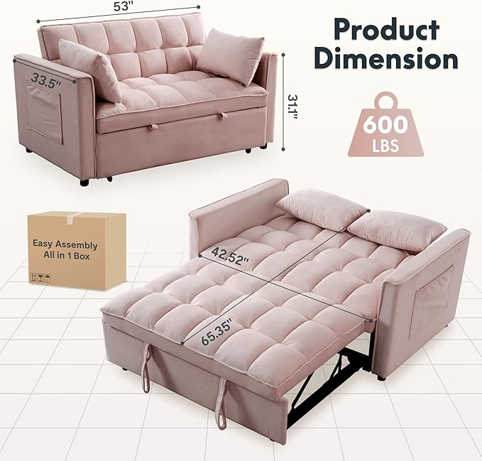 FLEXISPOT XCT4 Pull Out Couch for Small Spaces, 3-in-1 Convertible Loveseat Sofa Bed with Adjustable Backrest, Compact Futon Sofa Bed Twin Sleeper Loveseat for Apartment Dorm RV Guest Room,Pink