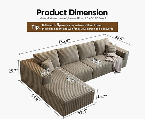 135.4" Cloud Modular Sectional Sofa Couch with L-Shape Chaise,Modern Minimalist Upholstered Couches for Living Room Bedroom,Deep Seat Corner Couch，No Assembly Required (Camel,Left Facing Chaise)