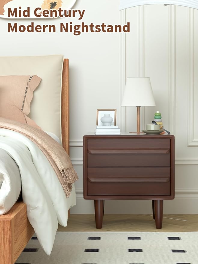 Solid Oak Wood Nightstand, Mid-Century Modern Bedside Table with 2 Drawers, Curved Profile End Table with Storage & Solid Wood Feet for Bedroom, Easy Assembly, Dark Walnut Color (15.7"Dx17.7"Wx21.6"H