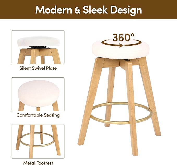 Swivel Premium Solid Wood Counter Stool 25", Set of 2, 360° Rotating Upholstered Cushion, Backless Bar Chair for Island, Pub, Kitchen, Dining Room (Light Oak)
