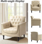 Faux Leather Accent Chair, PU Leather Modern Comfy Upholstered Armchair with Wood Legs & Nailhead Trim for Living Room, Bedroom (Beige,Set of 1)