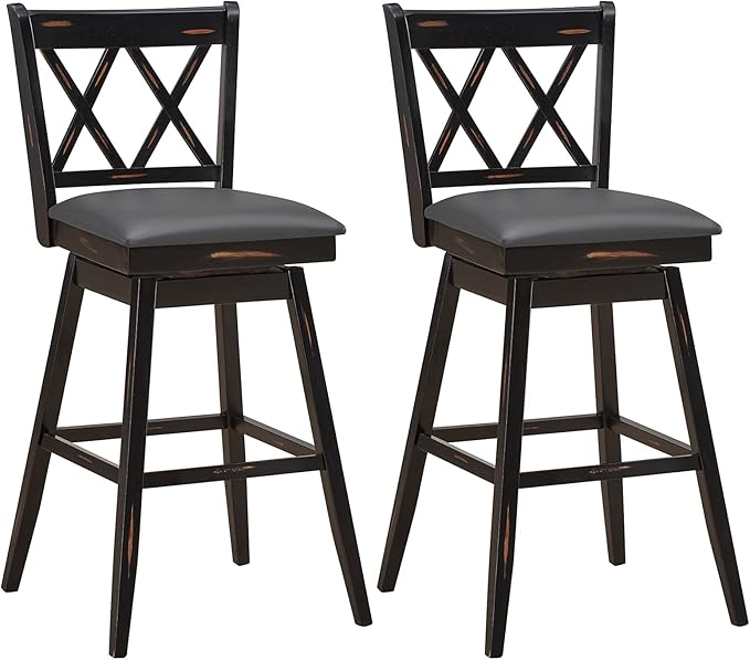 COSTWAY Bar Stool Set of 2, 360 ° Swivel Bar Height 29.5 inch Bar Stool with Foot Rest Upholstered Cushion & Ergonomic Backrest, Sturdy Frame, for Pub, Restaurant, Home (2, Black + Grey)