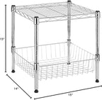 Whitmor 2 Tier Metal Storage Shelves, Heavy Duty Shelf with Basket, 350 lbs Capacity per Shelf, 700 lbs Total, Home Organizer for Kitchen, Bathroom, Bedroom, 15" L x 14" W x 15" H, Chrome