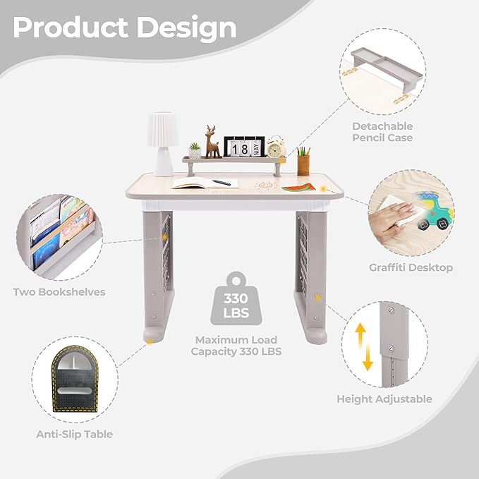 Kids Desk and Chair Set, Multi-Activity Children Study Table and Chair Set with Bookshelf for Home/Classrom, Height Adjustable, Graffiti Desktop, Removable Storage Rack for Toddler Ages 3-12