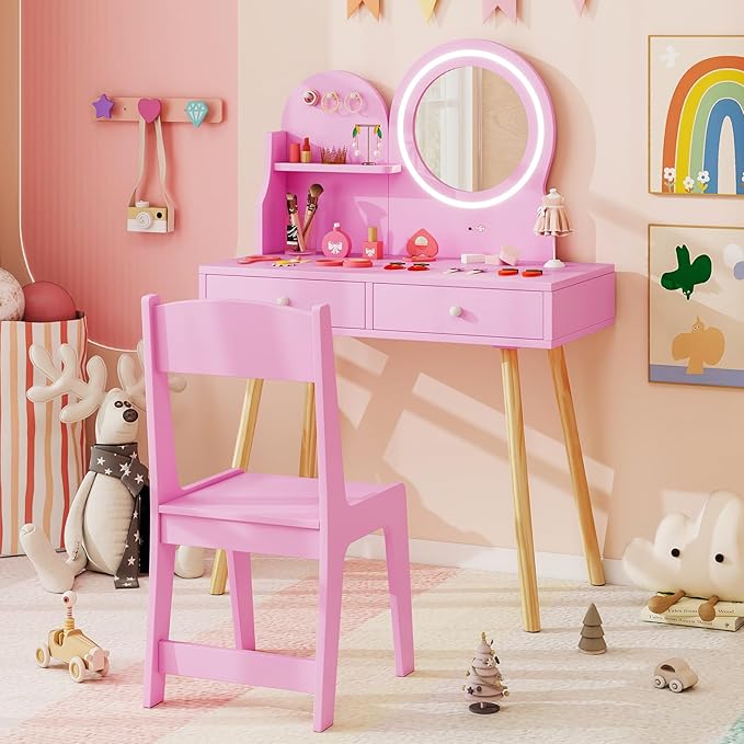 Costzon Kids Vanity, Girls Vanity Set with Mirror and Stool and Lights, Drawers, Storage Shelf & Hooks, 2 in 1 Makeup Desk Dressing Table, Kids Vanity Table and Chair Set (Pink)