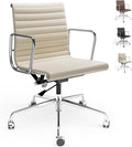 Mid Back Genuine Leather Ribbed Office Chair-Ergonomic Desk Chair with Aluminum Alloy Armrest & Frame, Swivel Silent Wheels & Tilt Function, Adjustable Height