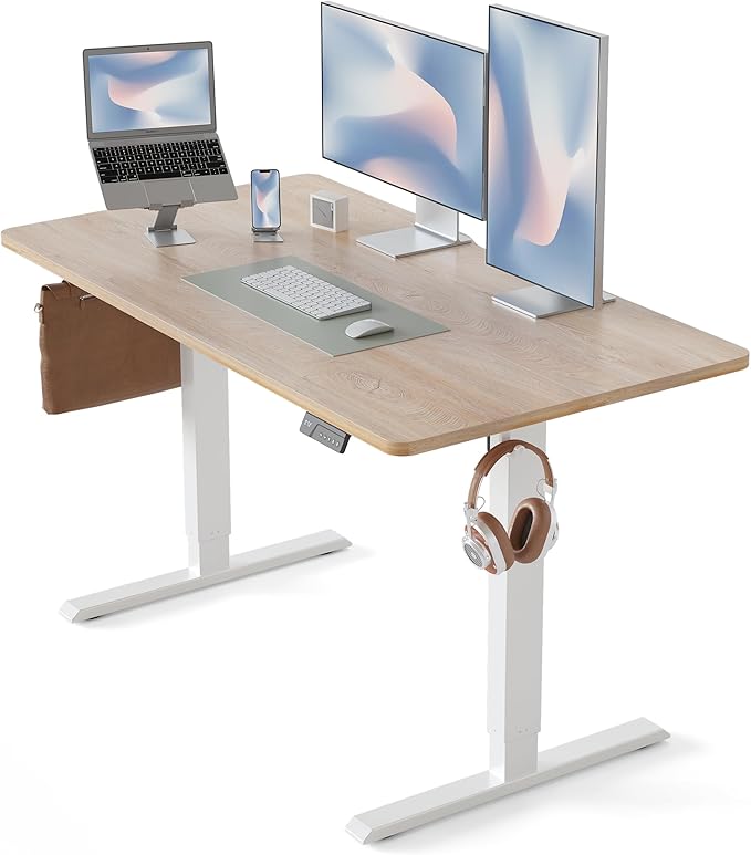 CubiCubi Height Adjustable Electric Standing Desk, 55 x 28 Inches Sit Stand up Desk, Large Memory Computer Home Office Desk with Two-Piece Desktop (Maple)