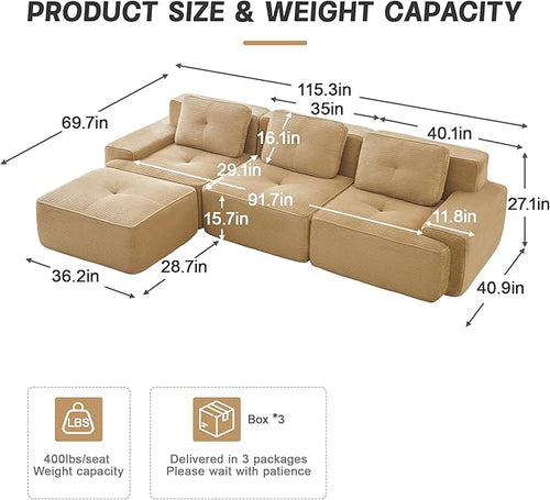 115.3” Camel Boneless Couches for Living Room, Modular Sectional Sofa with L-Shape Chaise, 3 Seater Comfy Upholstered Deep Seat Corduroy Fabric Cloud Couch No Assembly, Anti-Slip Design