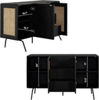 NTC MOSSIC Sideboard with 2 Doors and 3 Drawers, Buffet Cabinet with Natural Rattan and Metal Legs, Modern Storage Cabinet for Living Room, and Hallway, Effortless Assembly - Burnt Black