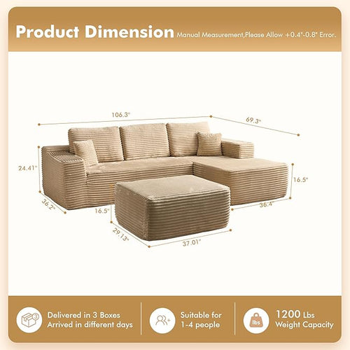 106" Cloud Sectional Couch with L-Shape Chaise & Ottoman, No Assembly Modular Sofa, Deep Seat Plush Corduroy Boneless Couched for Living Room (Beige Plush Corduroy, Right Facing Chaise with Ottoman)