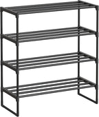 SONGMICS Shoe Rack, 4-Tier Shoe Organizer, Metal Storage Shelf, Upright or Upside Down, for 10-15 Pairs, Stackable, for Entryway, 11.8 x 26.8 x 29.5 Inches, Black ULSA204B01