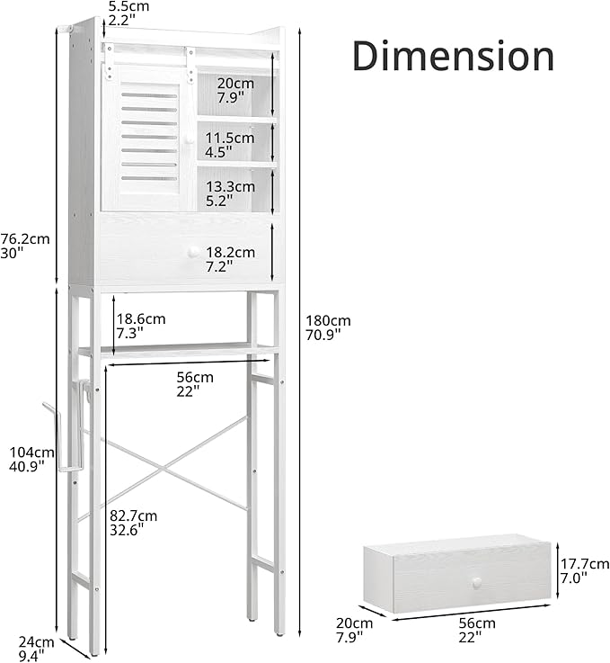 IRONCK Over The Toilet Storage Rack with Cabinet and Drawer, 6 Tier Bathroom Organizer Shelves Space Saver with Adjustable Shelf, Sliding Door, Paper Hook, White