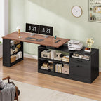 L Shaped Desk, 55" Reversible Office Desk with File Drawers & Storage Shelves, Modern Executive Desk with Power Outlets, Pegboard, 6 Hooks, Rotating Corner Computer Desk for Home Office, Walnut