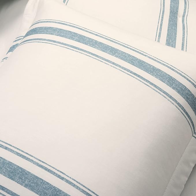 Lush Decor Farmhouse Stripe Reversible Cotton Comforter Set, 3 Piece Set, King, Blue - Cozy F𝚊rmhouse Bedding Set - Rustic Decor - Striped Comforter - Modern Farmho𝚞se Bedroom Decor