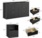 3-Piece Modern Bedroom Furniture Set, Wide 7-Drawer Dresser & 1-Drawer Nightstands Set of 2, Natural Wood Dresser and Nightstand Sets for Bedroom, Hallway, Black
