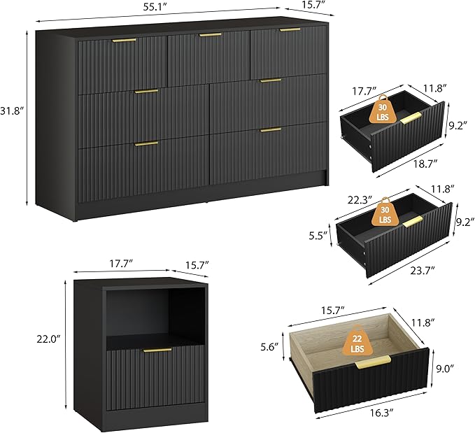 3-Piece Modern Bedroom Furniture Set, Wide 7-Drawer Dresser & 1-Drawer Nightstands Set of 2, Natural Wood Dresser and Nightstand Sets for Bedroom, Hallway, Black
