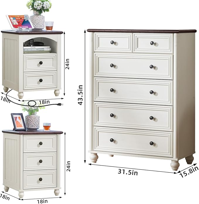 Farmhouse Dressers and Night Stand Set of 3, Wood 43.5'' Tall Dresser and 18'' Wide Chest of Drawers, Roman Column Nightstand Set of 2, Bedroom Furniture Dresser Suites for Living Room, Hallway, Home