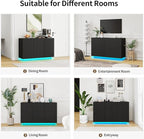 47" Black Fluted Sideboard Buffet Cabinet with Storage and LED Light,Marble Pattern Top Credenza Accent Cabinet with Fast Charging Station,Storage Cabinet for Living Room,Dining Room,Hallway