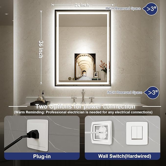 24x36 Inch LED Bathroom Mirror with Lights,Front and Backlit Black Metal Frame Mirror,Wall Mounted Lighted Vanity Mirrors,Double Lights Strips,Anti Fog Stepless Dimmable
