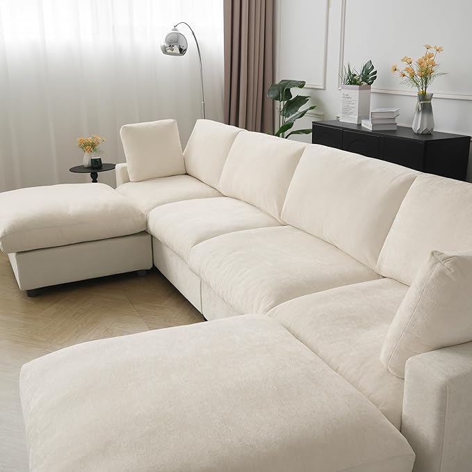 Modular Sectional Sofa with Ottoman,134inch U Shaped Convertible Cloud Couch,8 Seater Convertible V Shaped Living Room Sets,Cover Washable and Replaceable Couches for Living Room,Beige