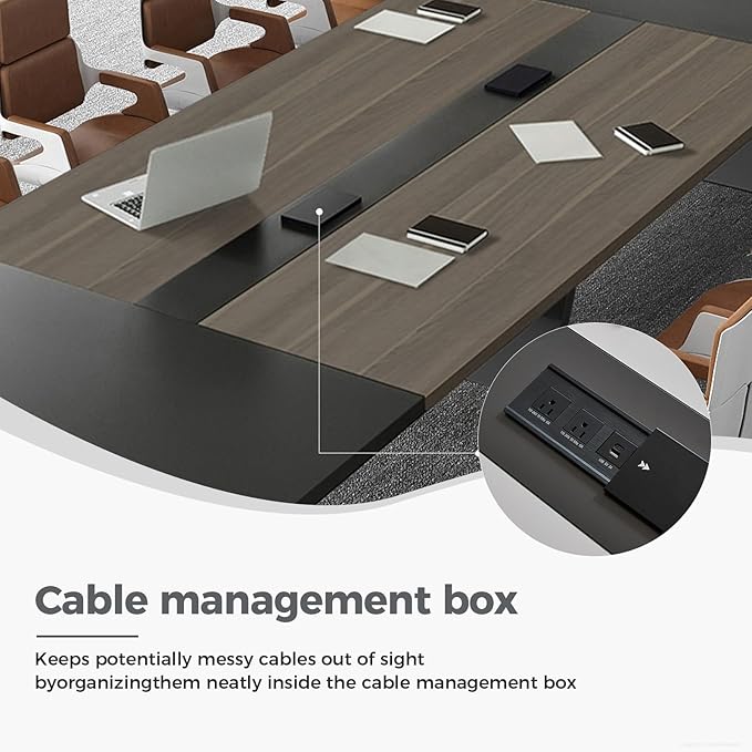 Modern Conference Table with Cable Management, Thickened Top & Trapezoidal Legs – Office Meeting Table for Executive Workspaces (Oak+Gray, 138" L