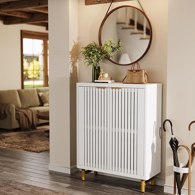 Tribesigns 6-Tier Farmhouse Shoe Cabinet with Shutter Doors, Wooden Shoe Organizer Rack with Adjustable Shelves, Modern Large Hidden Storage Furniture for Entryway, Hallway (White&Gold)